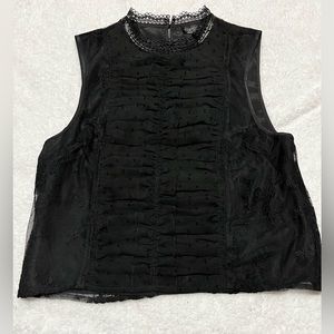 Sleeveless black lace TopShop blouse - mock neck, ruched, polka dot, eyelet
